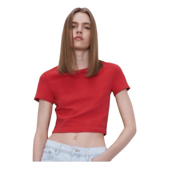 Zara Basic Picot Pointelle Cropped Tee Red Knit Short Sleeve Crewneck M - Picture 1 of 5